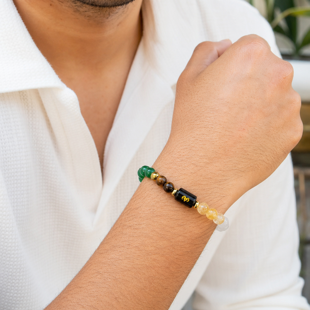 Man wearing Dhan Yog Bracelet with Zodiac Charm