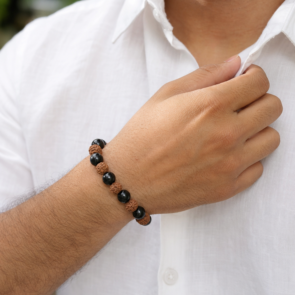 Man wearing Divya Rudraksha Karungali Bracelet 8mm