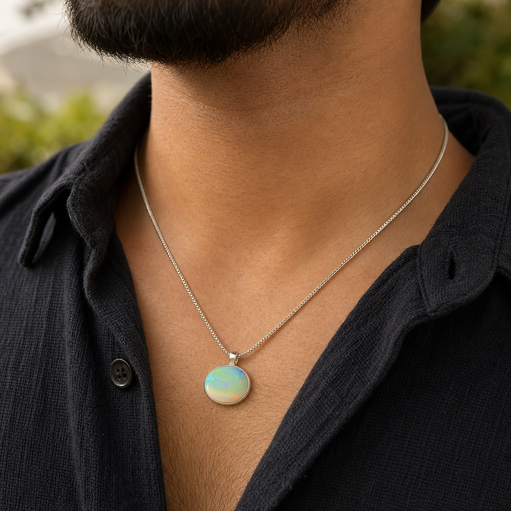 Fire Opal man wearing gemstone pendant