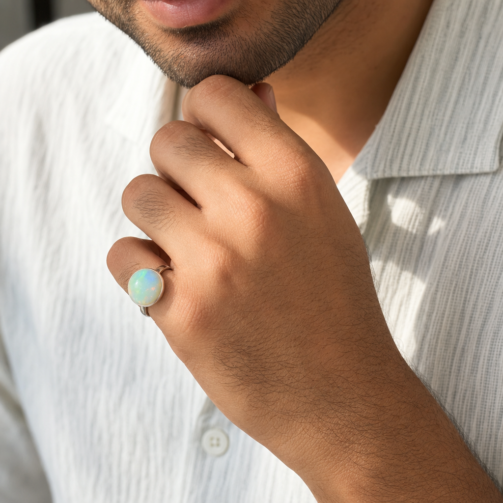 Fire Opal man wearing gemstone ring