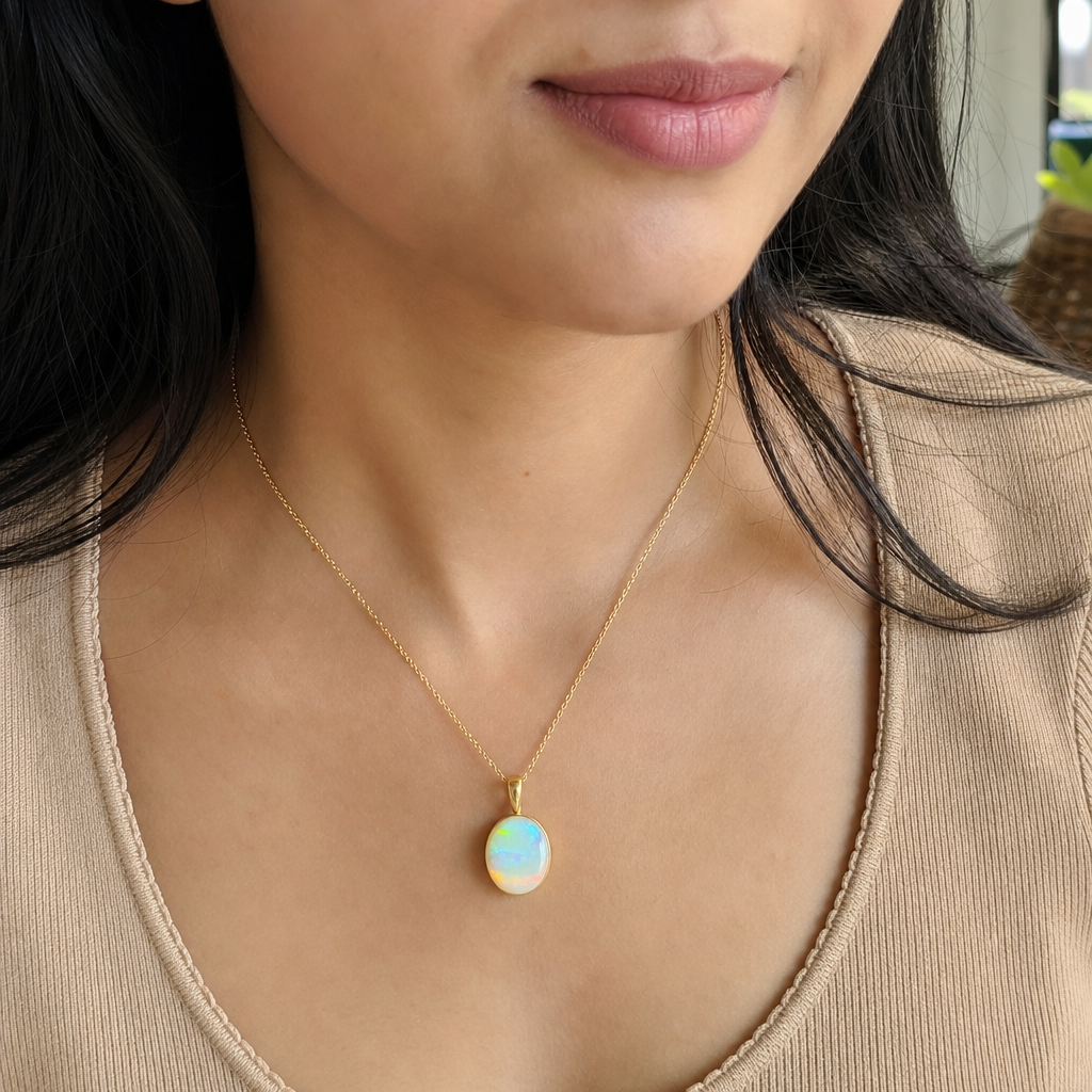 Fire Opal woman wearing gemstone pendant