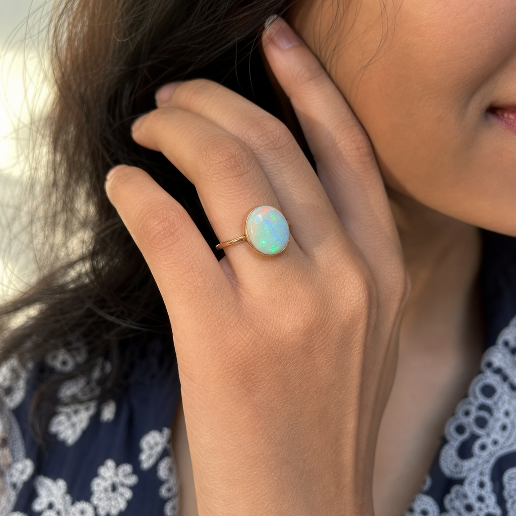Fire Opal woman wearing gemstone ring