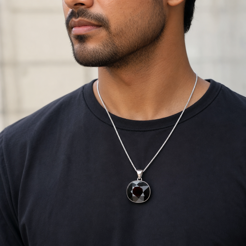 Garnet man wearing gemstone pendant