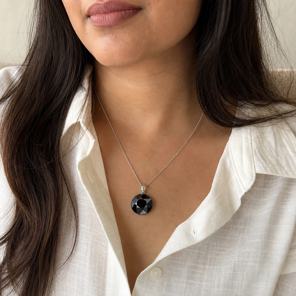 Garnet woman wearing gemstone pendant