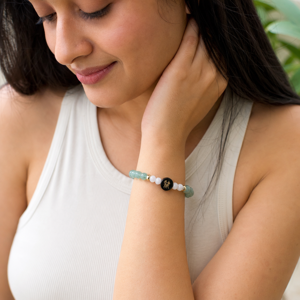 Woman wearing Gemini (मिथुन राशि) Zodiac Green Aventurine & Milky Quartz Bracelet for Women