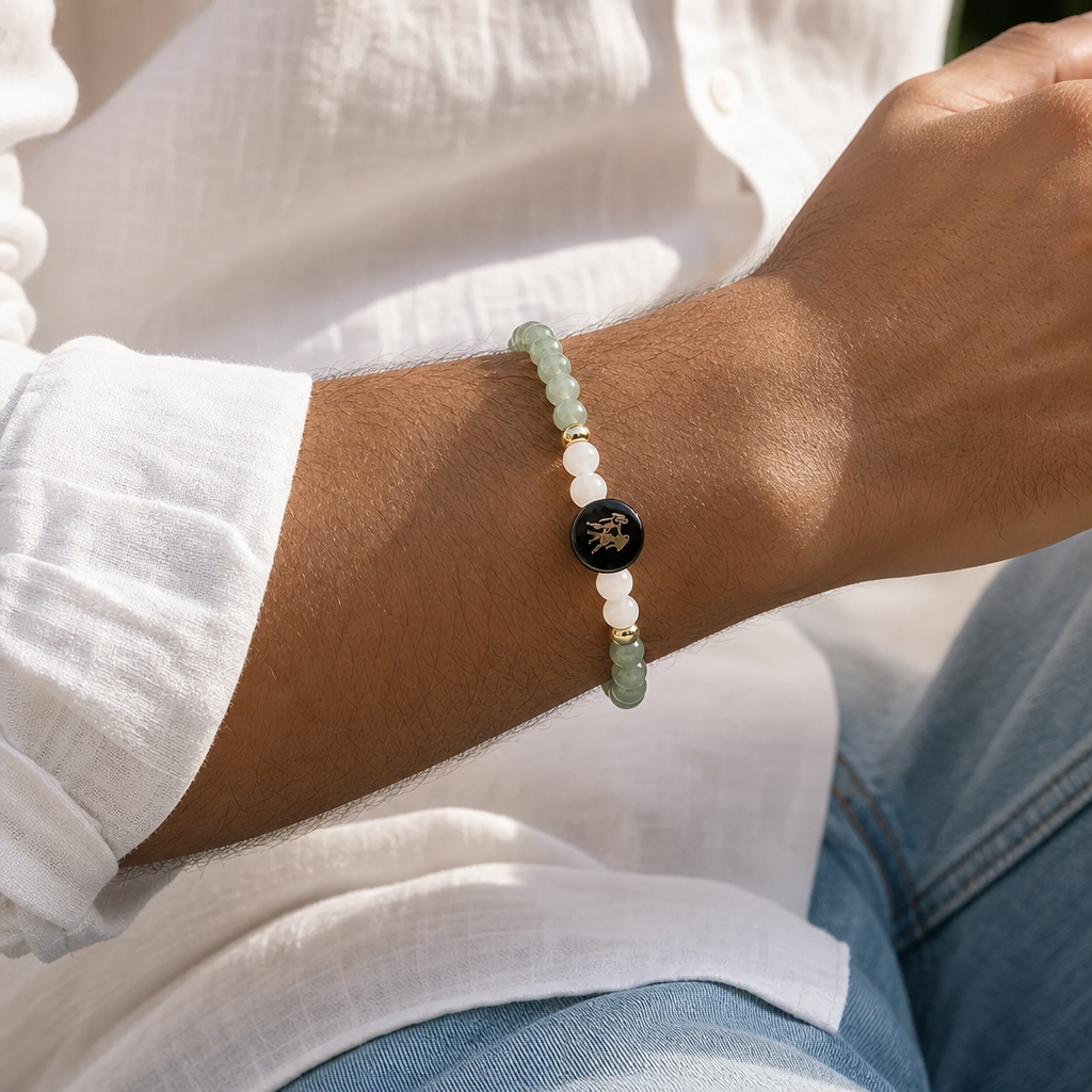 Man wearing Gemini (मिथुन राशि) Zodiac Green Aventurine & Milky Quartz Bracelet for Women