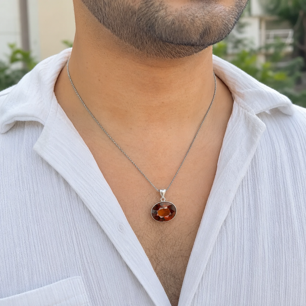 Hessonite man wearing gemstone pendant