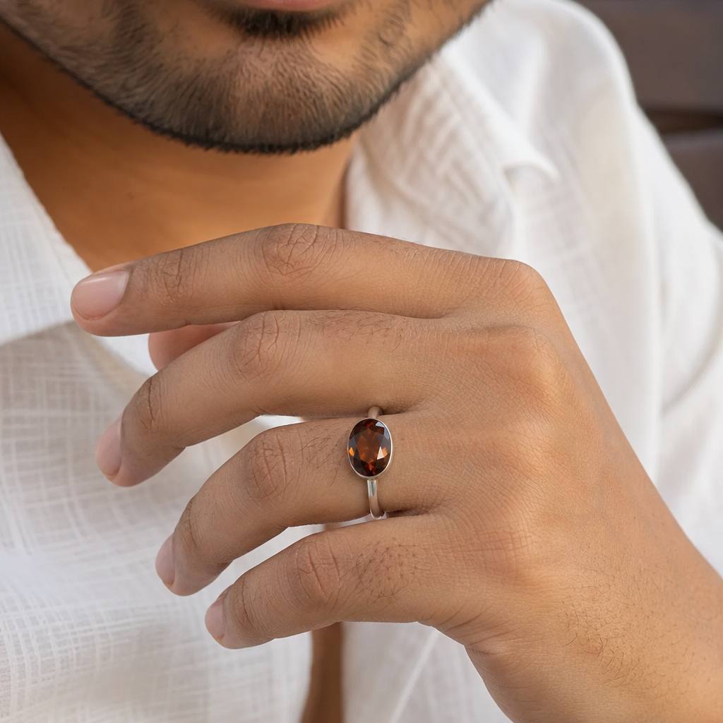 Hessonite man wearing gemstone ring