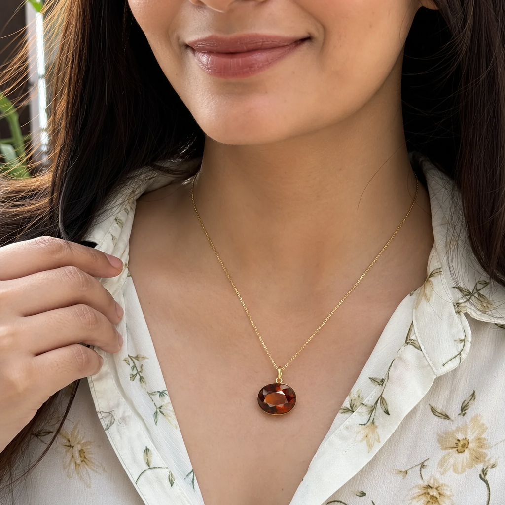 Hessonite woman wearing gemstone pendant