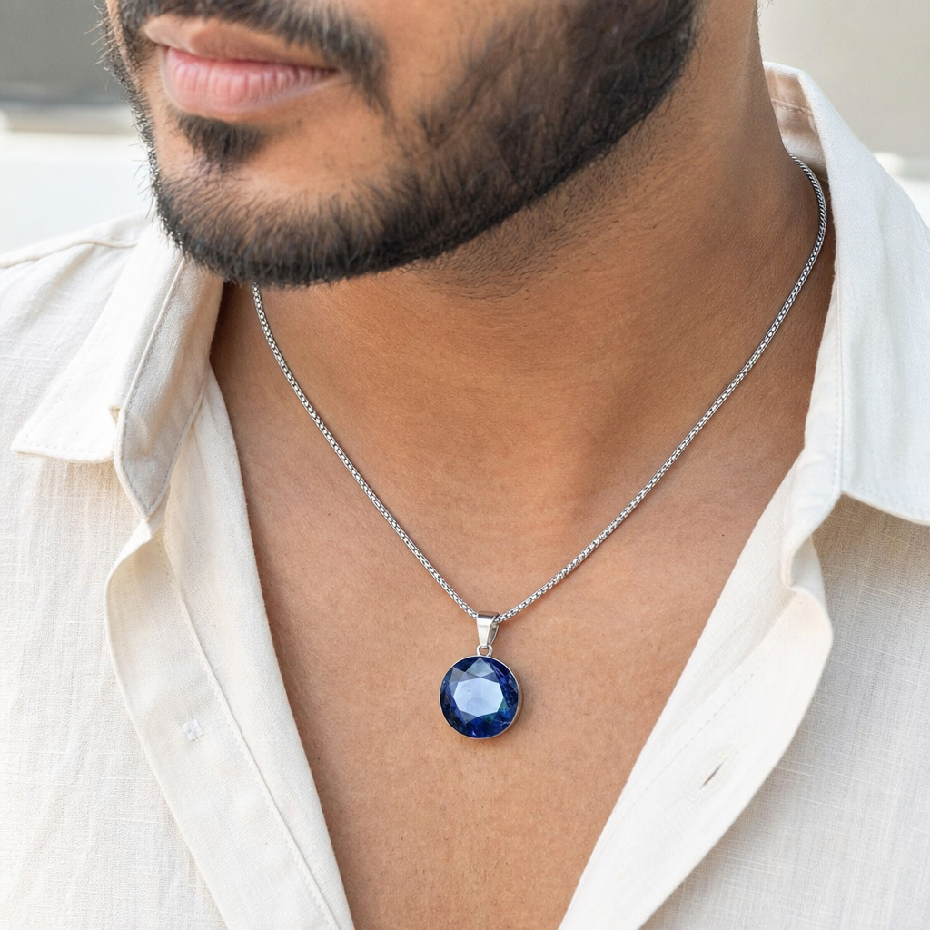 Iolite man wearing gemstone pendant