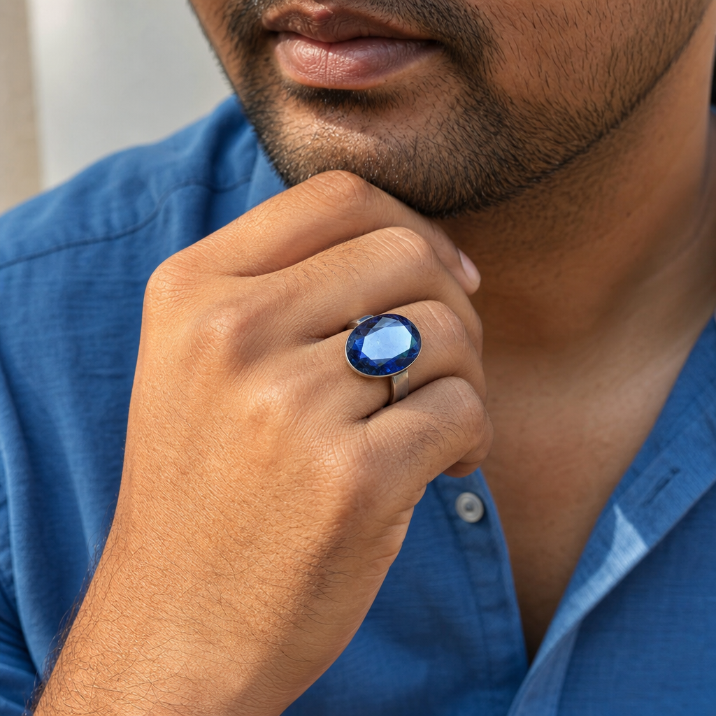 Iolite man wearing gemstone ring