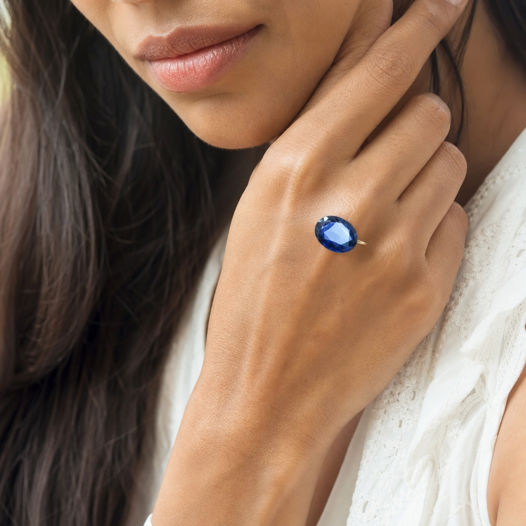 Iolite woman wearing gemstone ring