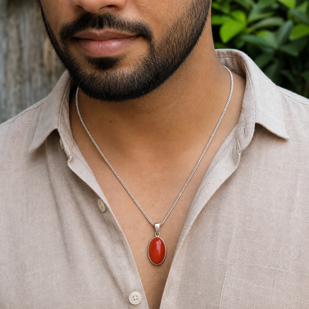 Italian Red Coral man wearing gemstone pendant