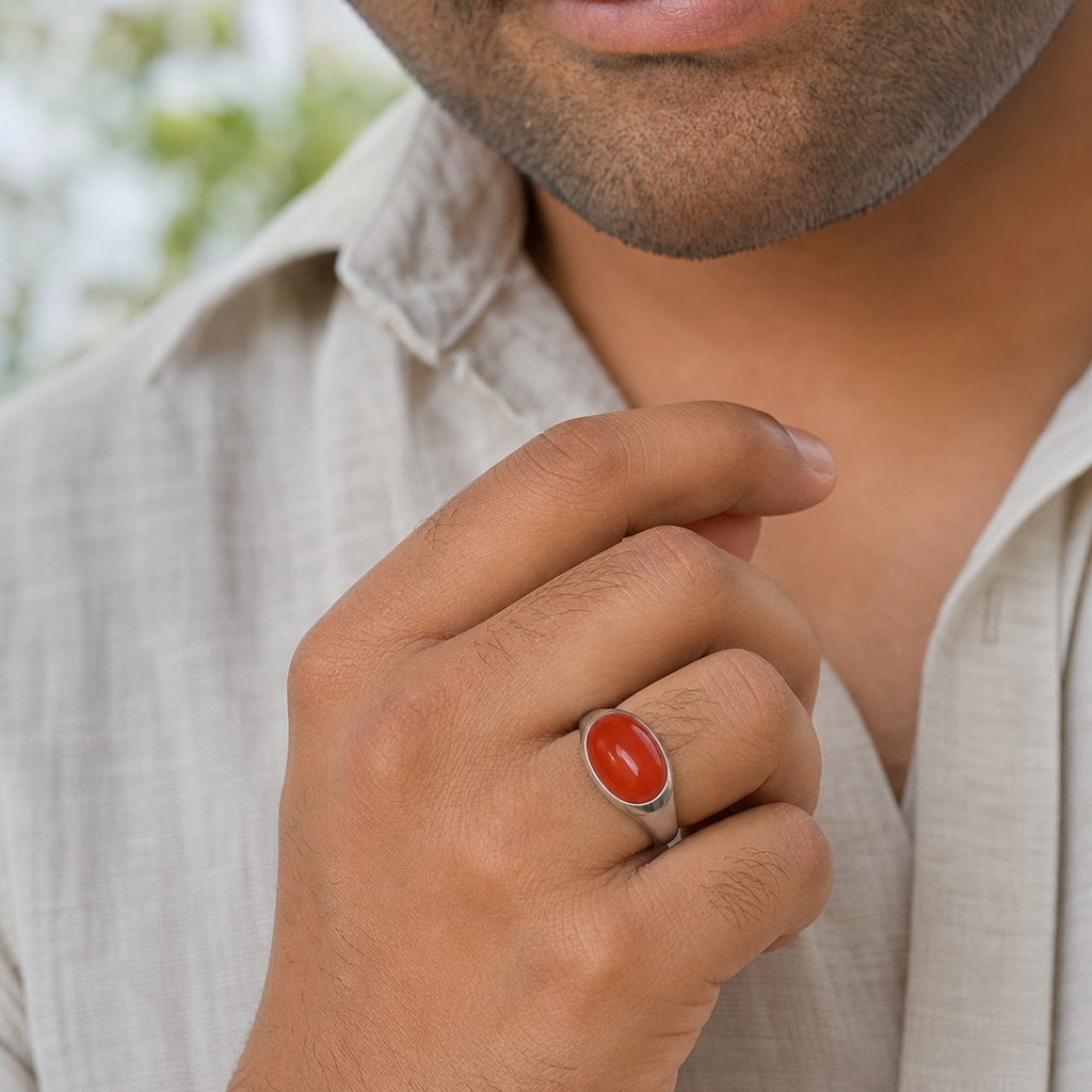 Italian Red Coral man wearing gemstone ring