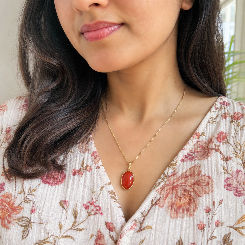 Italian Red Coral woman wearing gemstone pendant