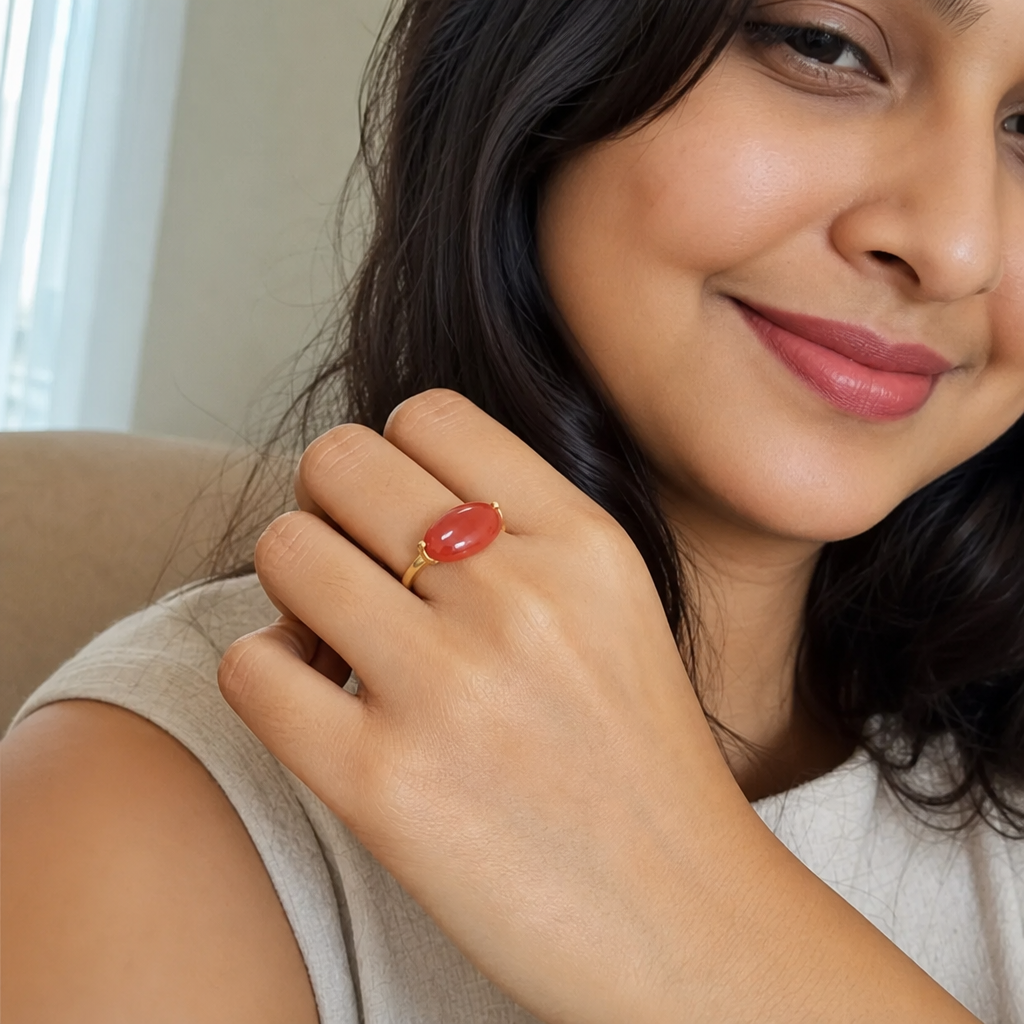 Italian Red Coral woman wearing gemstone ring