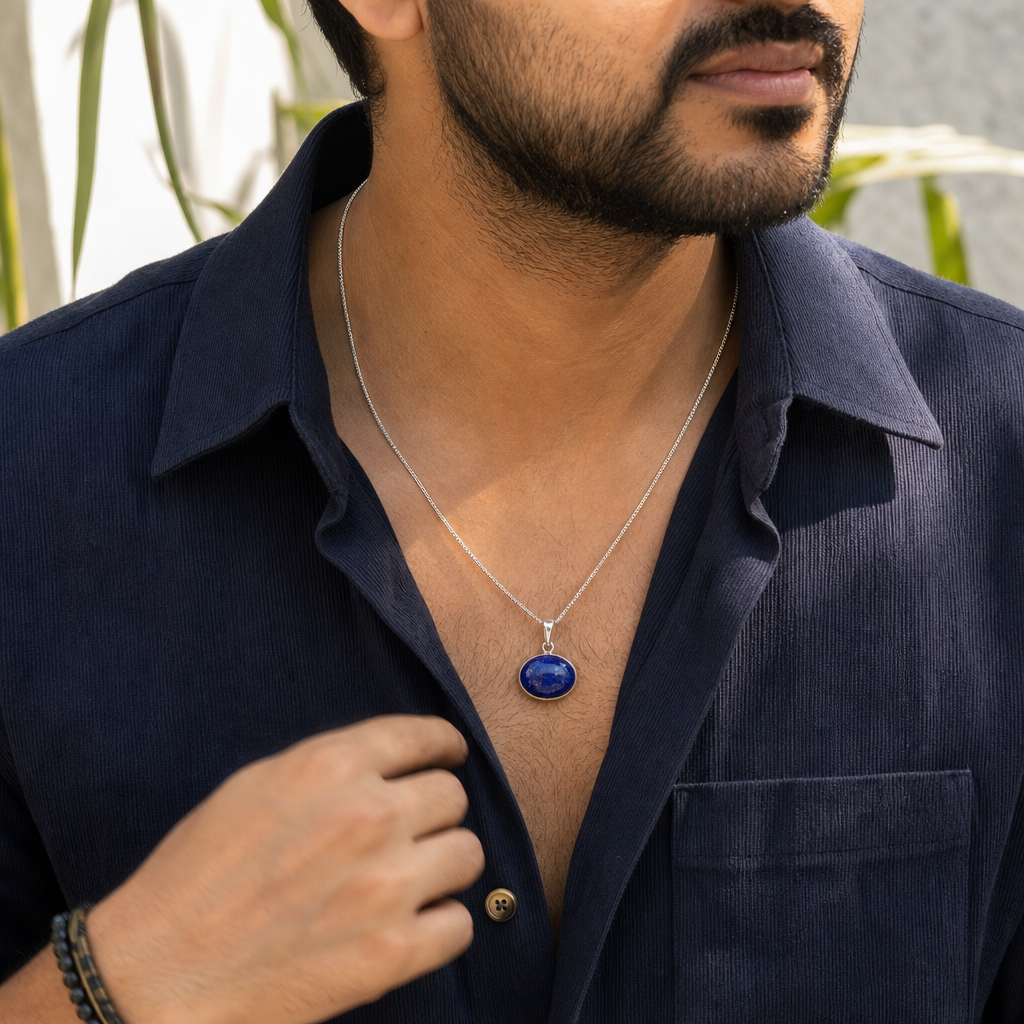 Lapis Lazuli man wearing gemstone pendant