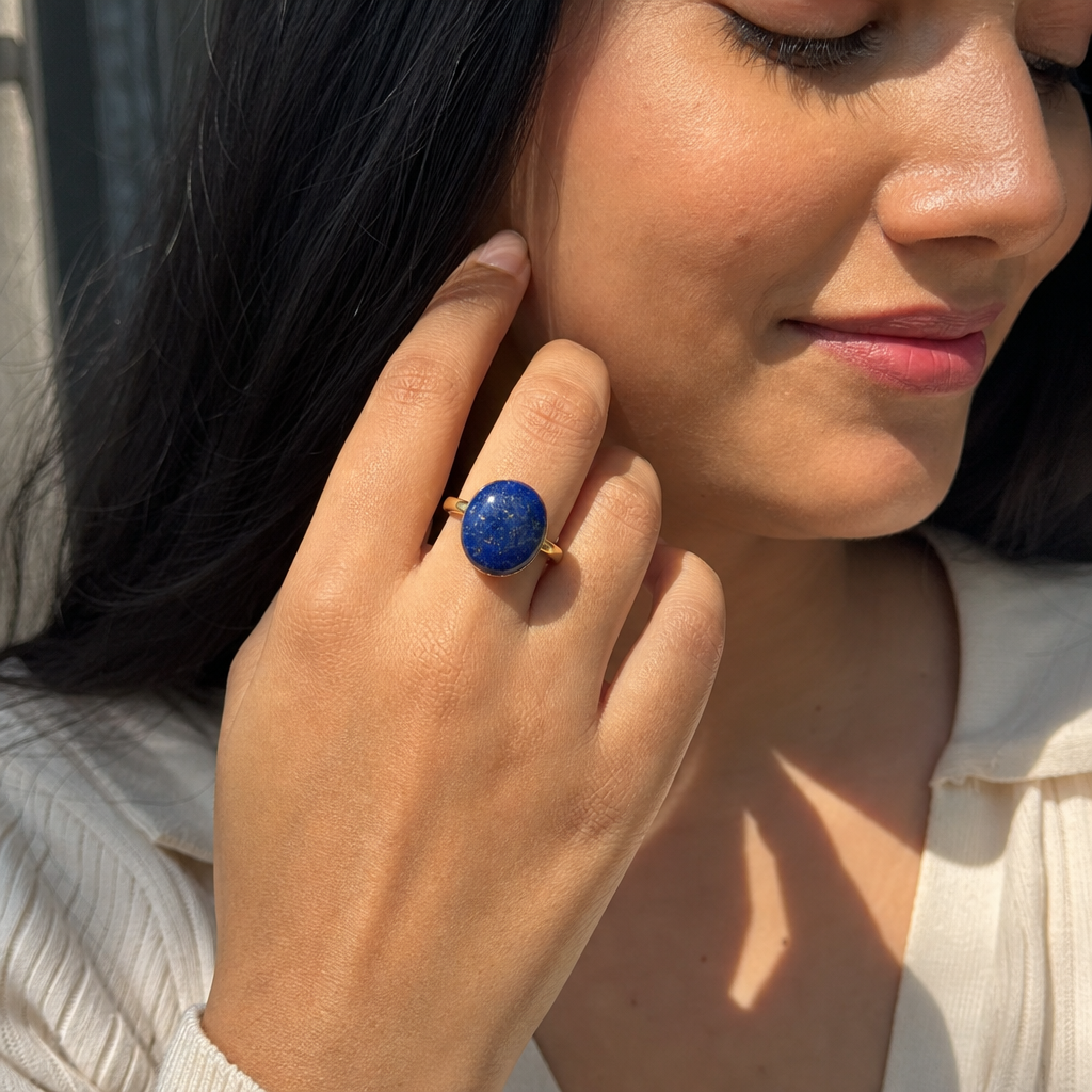 Lapis Lazuli woman wearing gemstone ring