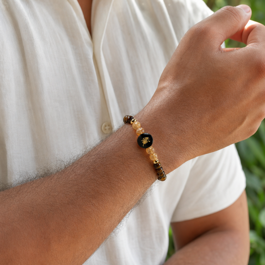 Man wearing Leo (सिंह राशि) Zodiac Tiger Eye & Citrine Bracelet for Women