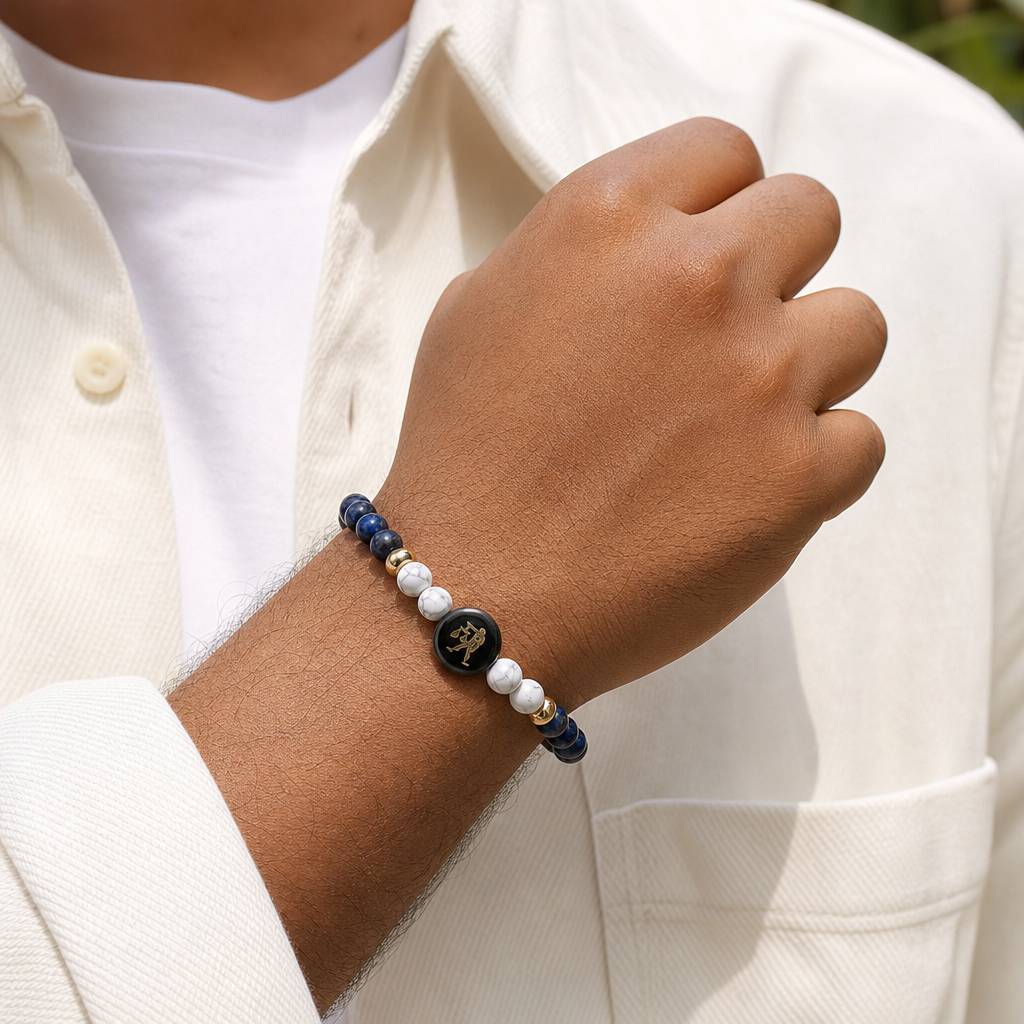 Man wearing Libra (तुला राशि) Zodiac Lapis Lazuli & Howlite Bracelet for Women