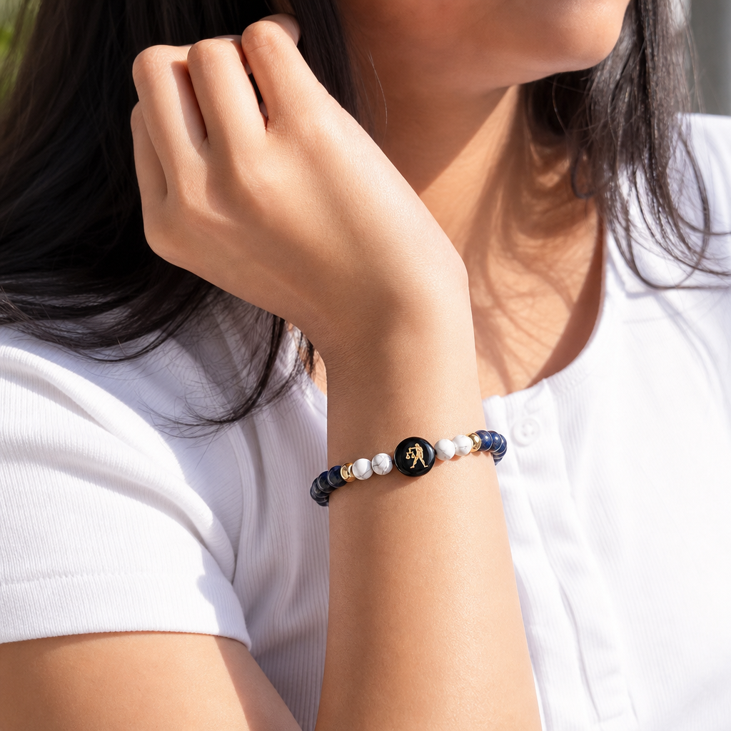 Woman wearing Libra (तुला राशि) Zodiac Lapis Lazuli & Howlite Bracelet for Women