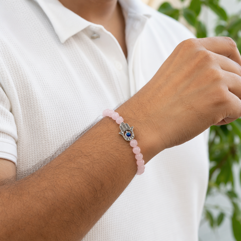 Man wearing Love Attraction with Evil Eye Hamsa Bracelet