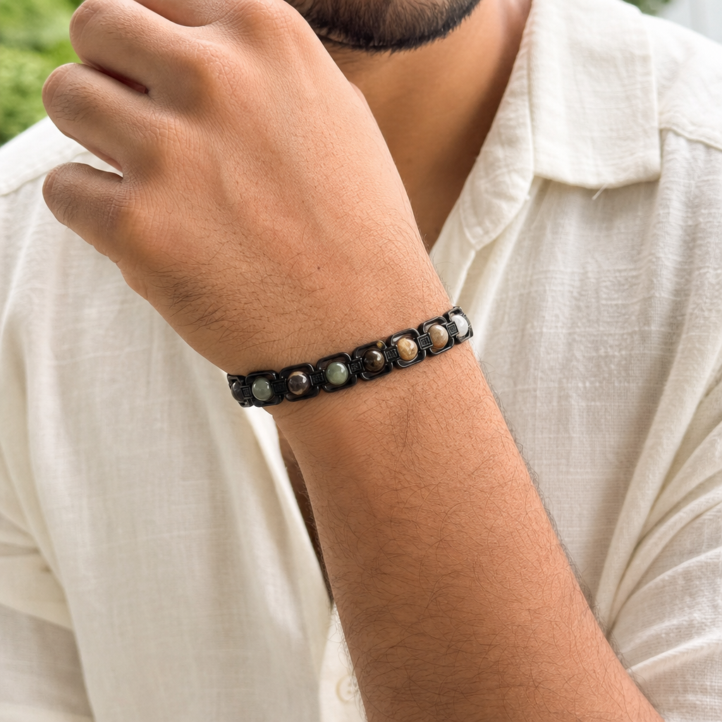 Man wearing Metal Dhan Yog Bracelet - Black