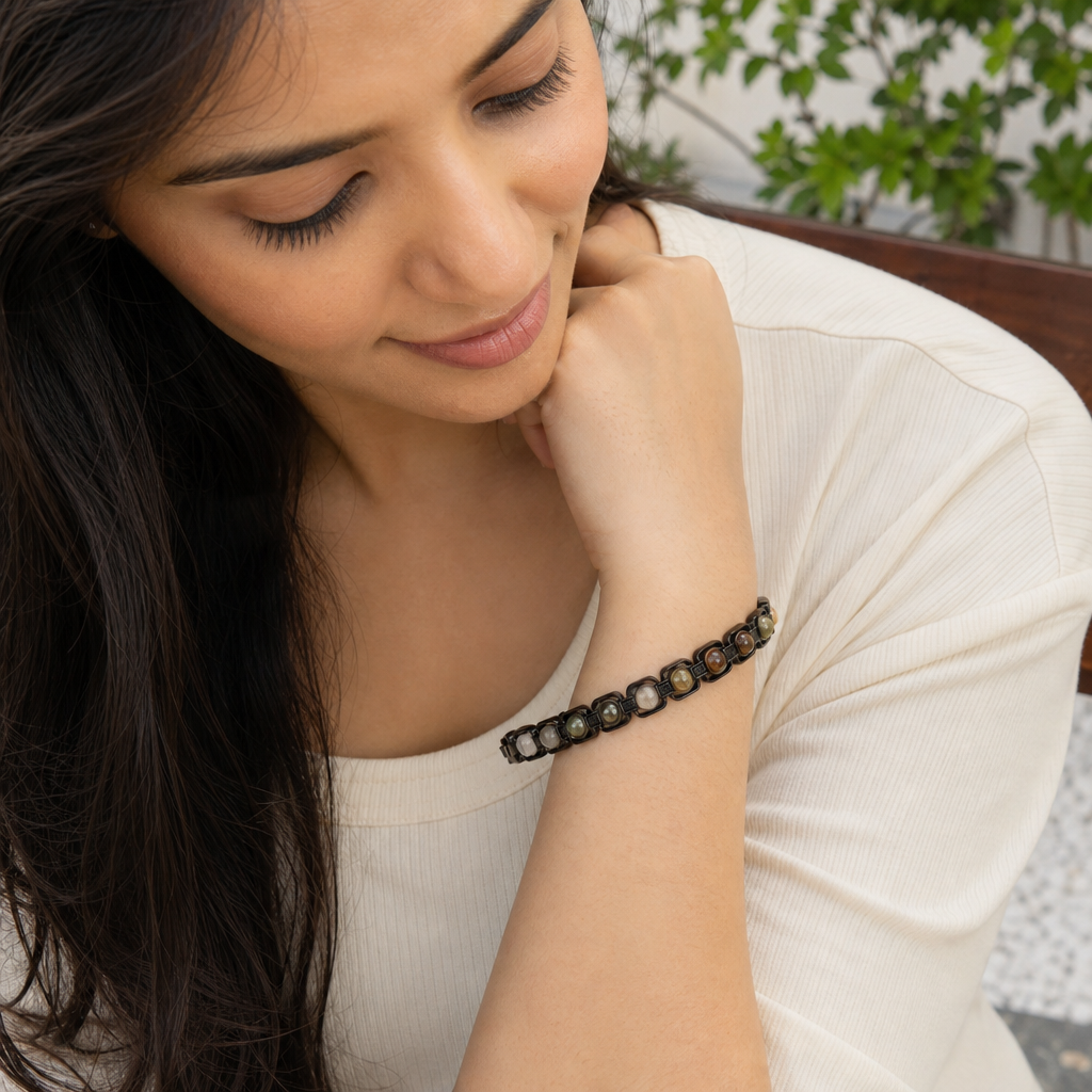 Woman wearing Metal Dhan Yog Bracelet - Black