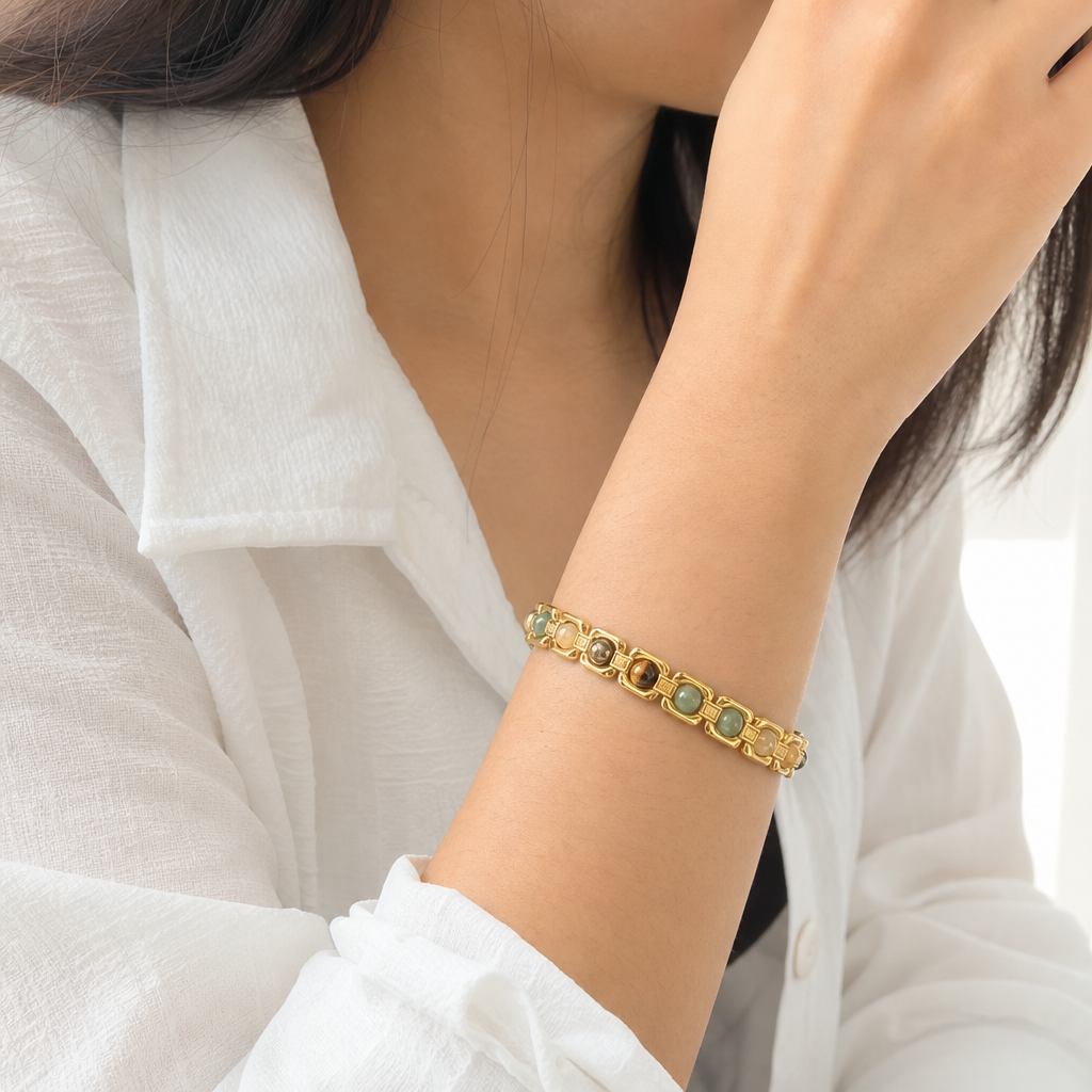 Woman wearing Metal Dhan Yog Bracelet - Gold