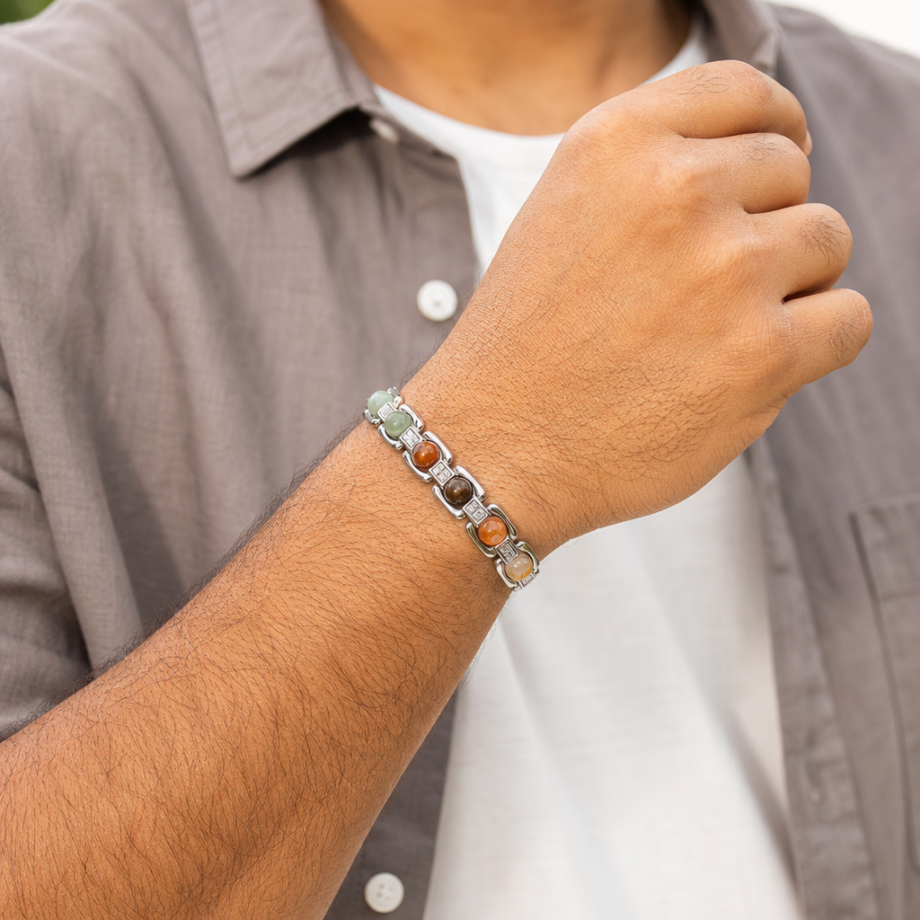 Man wearing Metal Dhan Yog Bracelet - Silver
