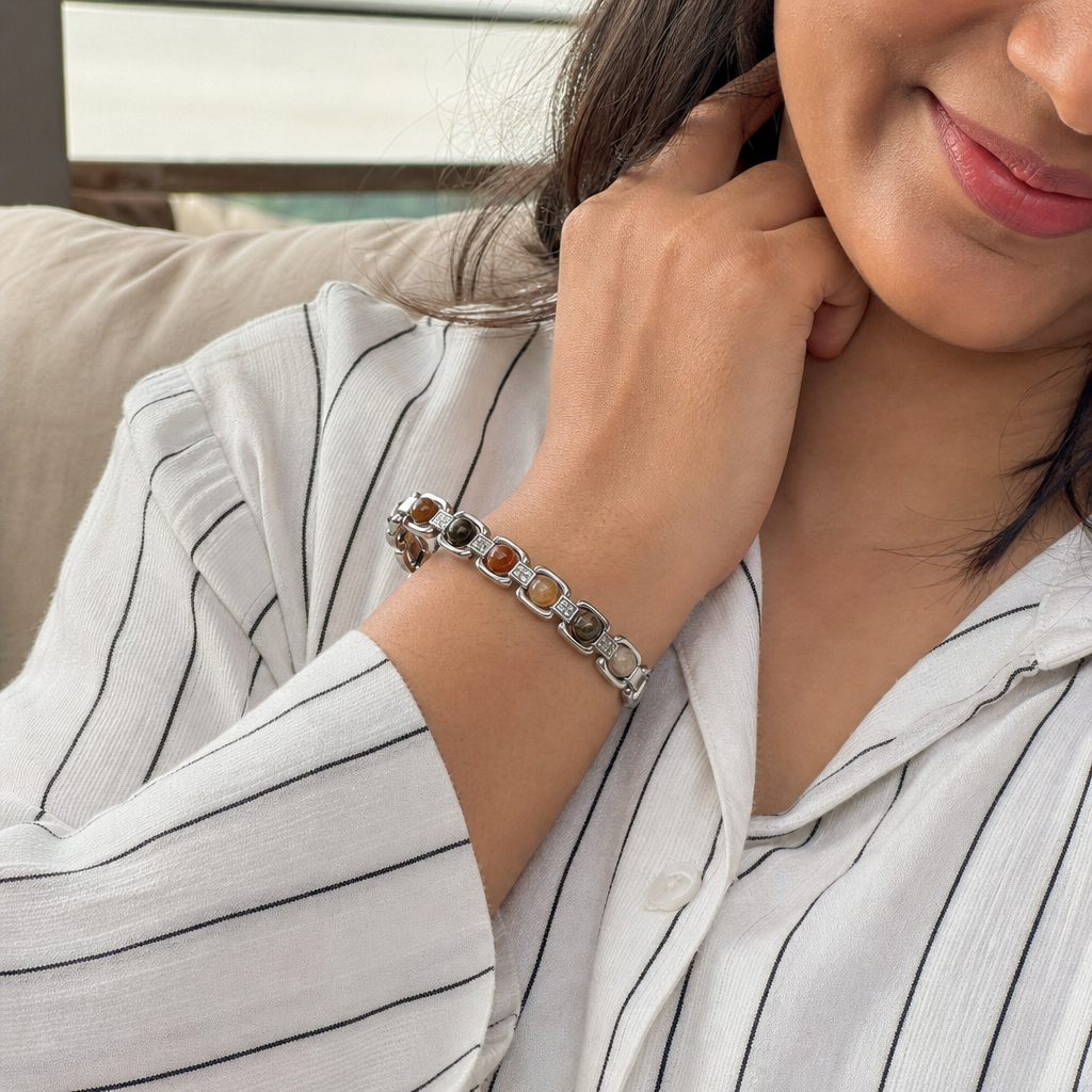 Woman wearing Metal Dhan Yog Bracelet - Silver