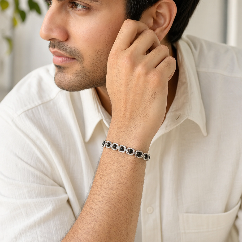 Man wearing Metal Karungali Bracelet - Silver