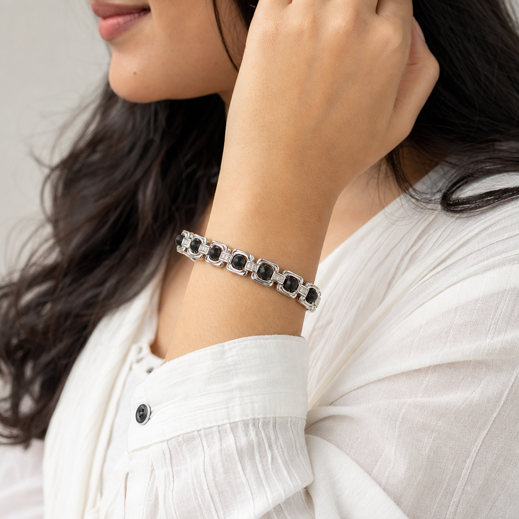 Woman wearing Metal Karungali Bracelet - Silver