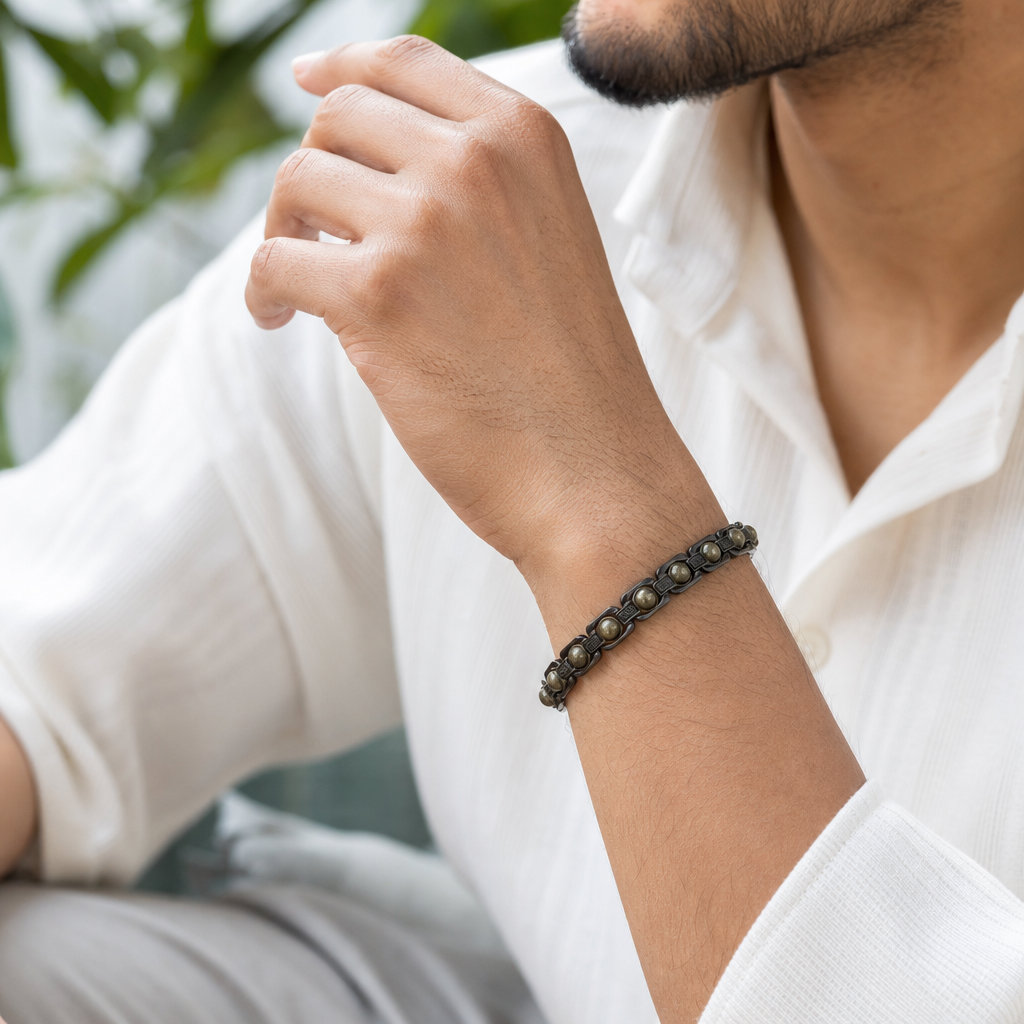 Man wearing Metal Raw Pyrite Bracelet - Black
