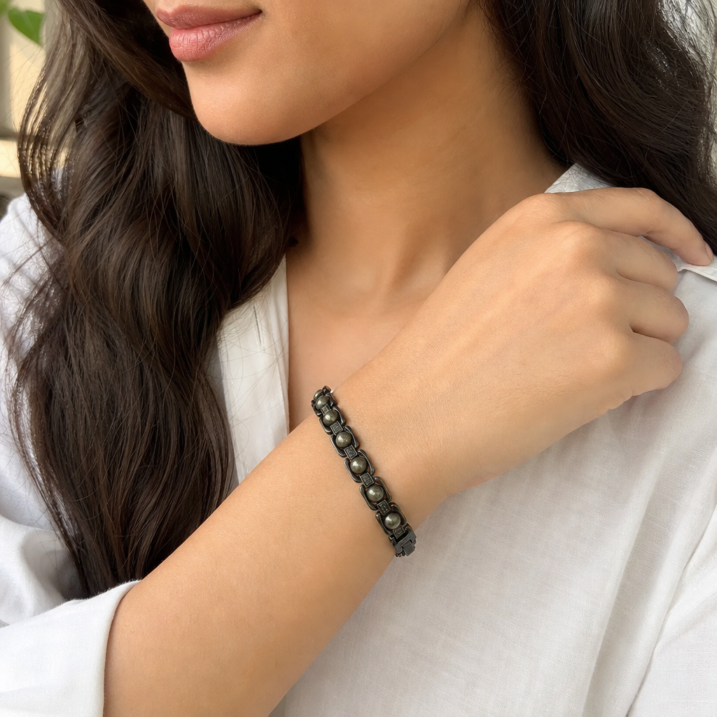 Woman wearing Metal Raw Pyrite Bracelet - Black