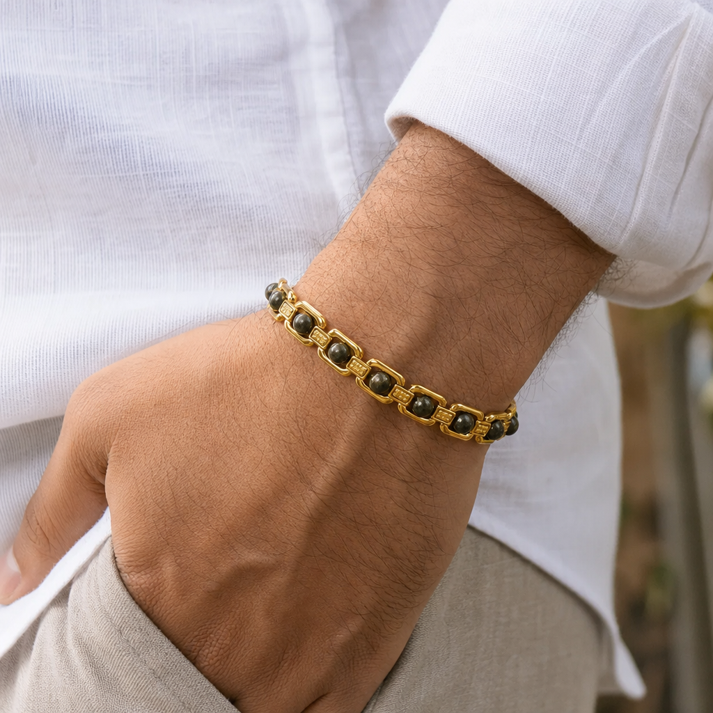 Man wearing Metal Raw Pyrite Bracelet - Gold
