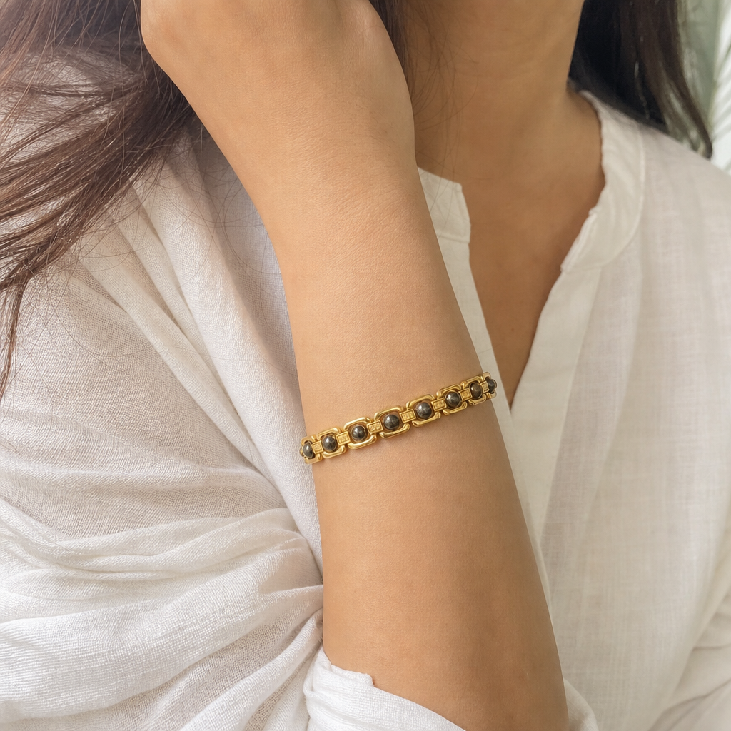 Woman wearing Metal Raw Pyrite Bracelet - Gold