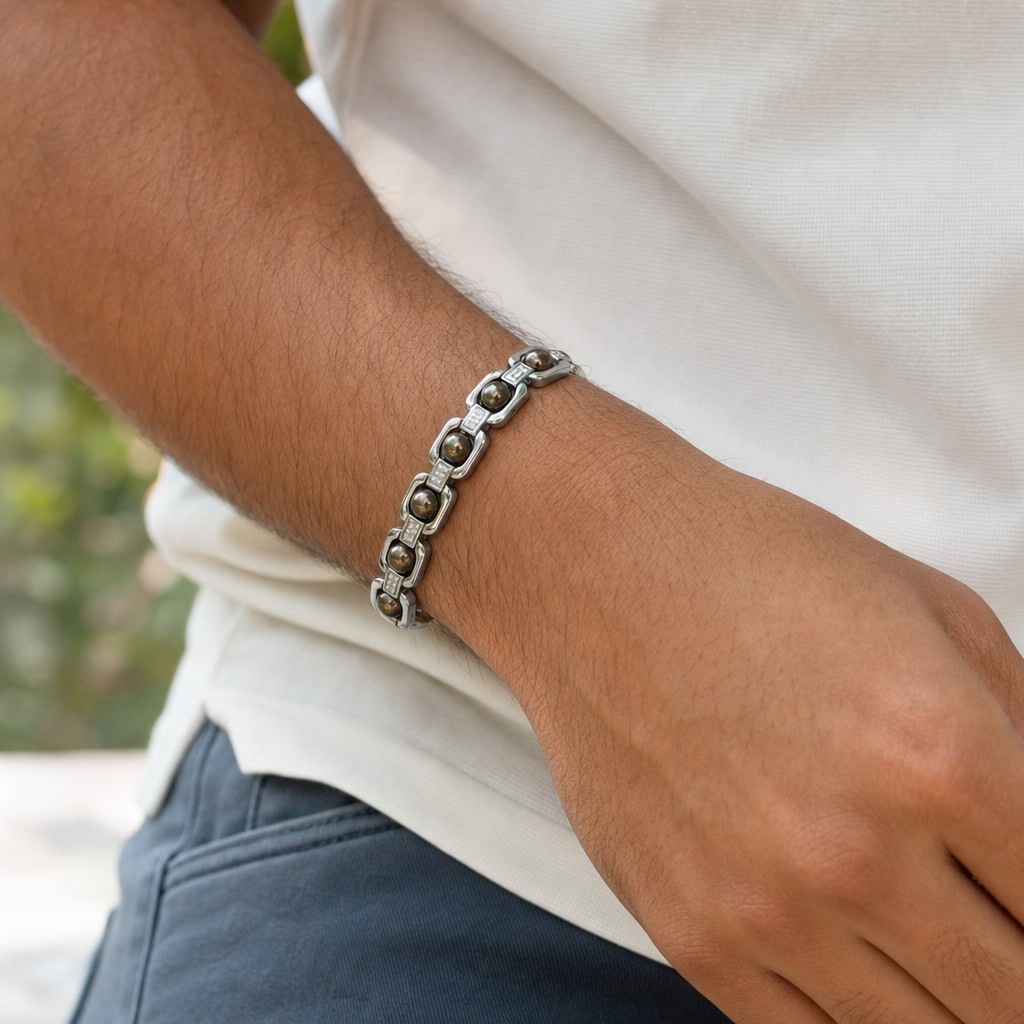 Man wearing Metal Raw Pyrite Bracelet - Silver
