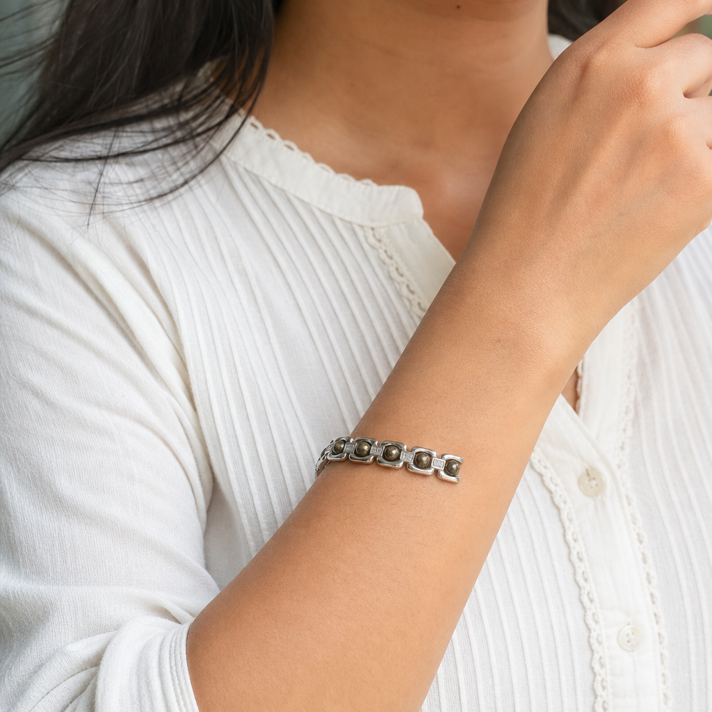 Woman wearing Metal Raw Pyrite Bracelet - Silver