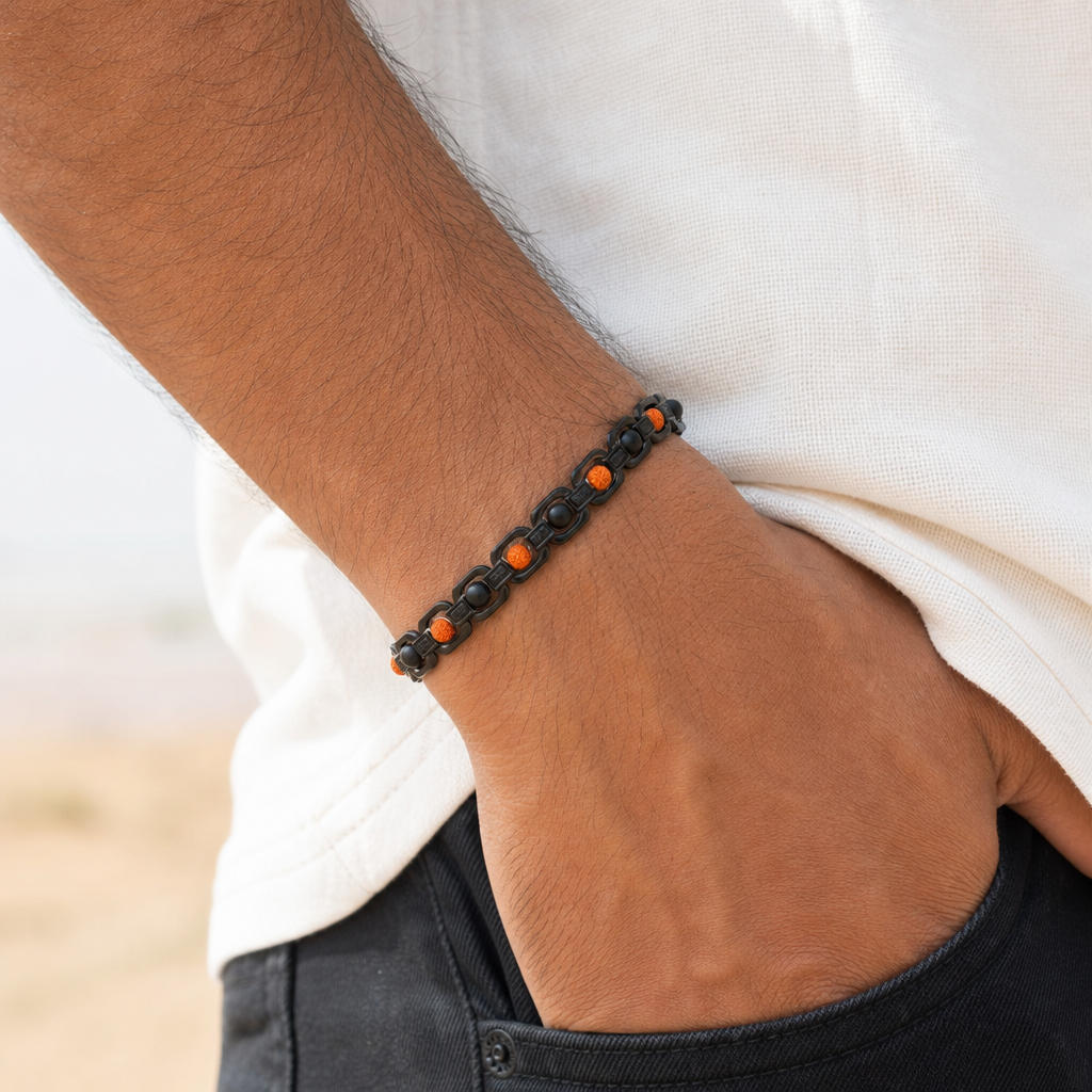 Man wearing Metal Rudraksha and Karungali Bracelet - Black