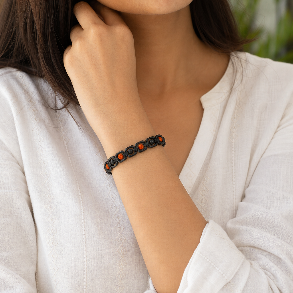 Woman wearing Metal Rudraksha and Karungali Bracelet - Black