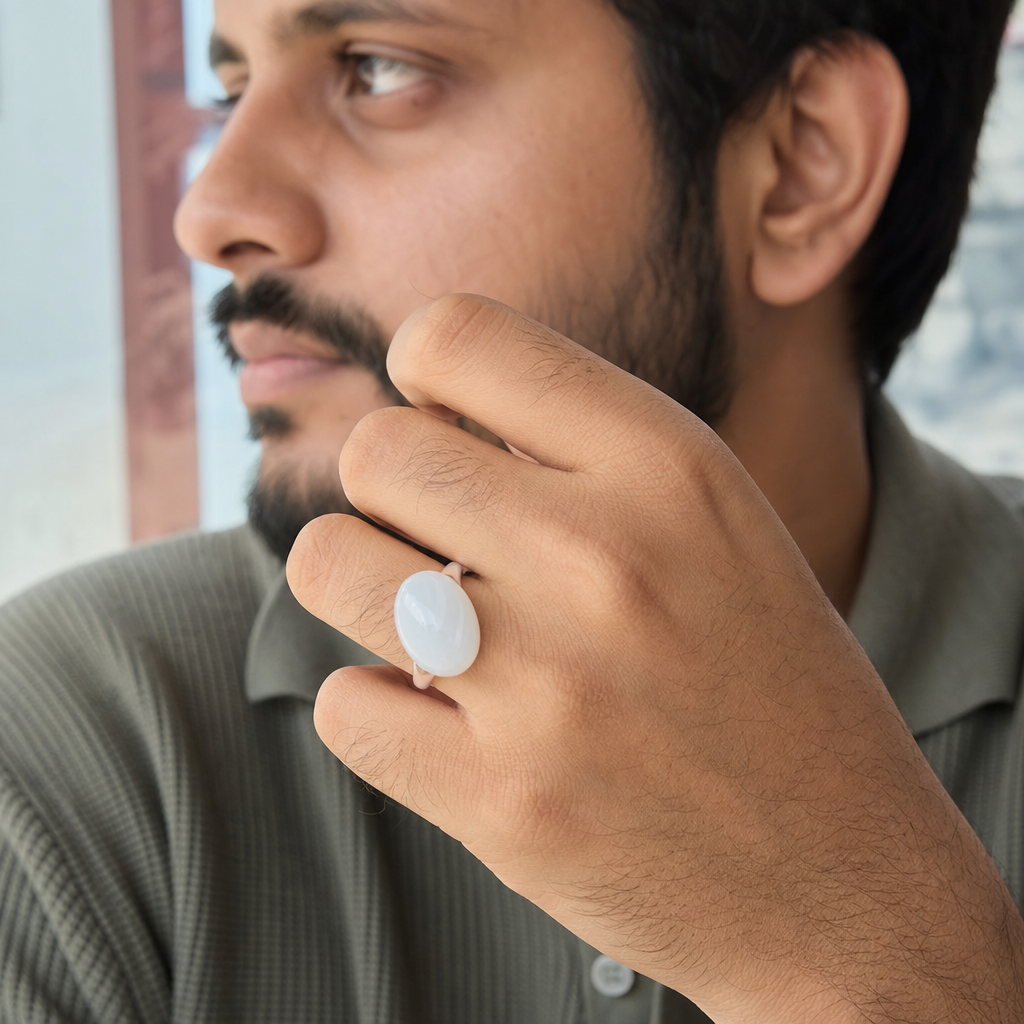 Moonstone man wearing gemstone ring