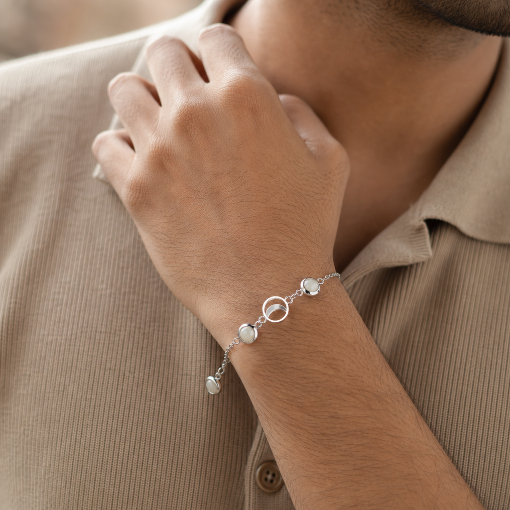 Man wearing Mulank 2 Moon Crystal Bracelet for Women