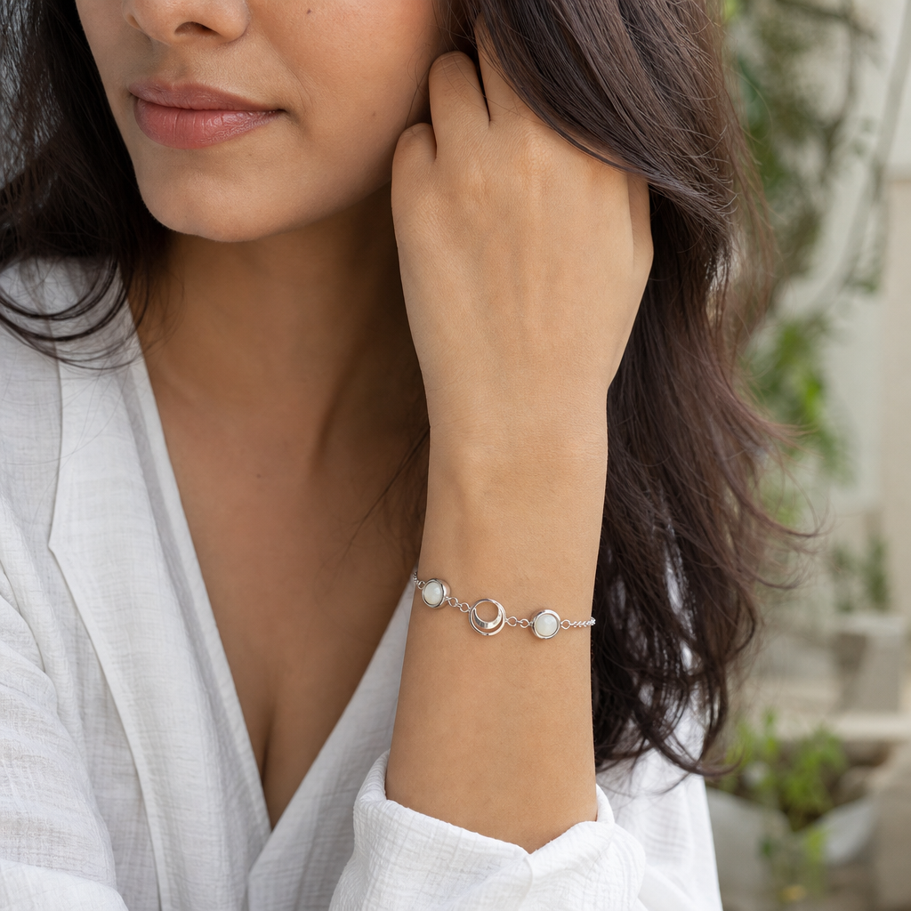Woman wearing Mulank 2 Moon Crystal Bracelet for Women