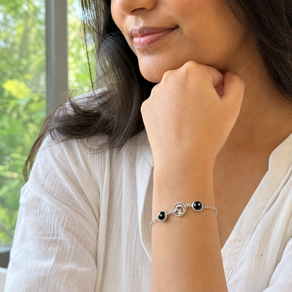 Woman wearing Mulank 4 Rahu Crystal Bracelet for Women