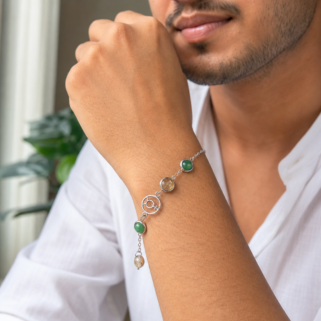 Man wearing Mulank 5 Budh Crystal Bracelet for Women