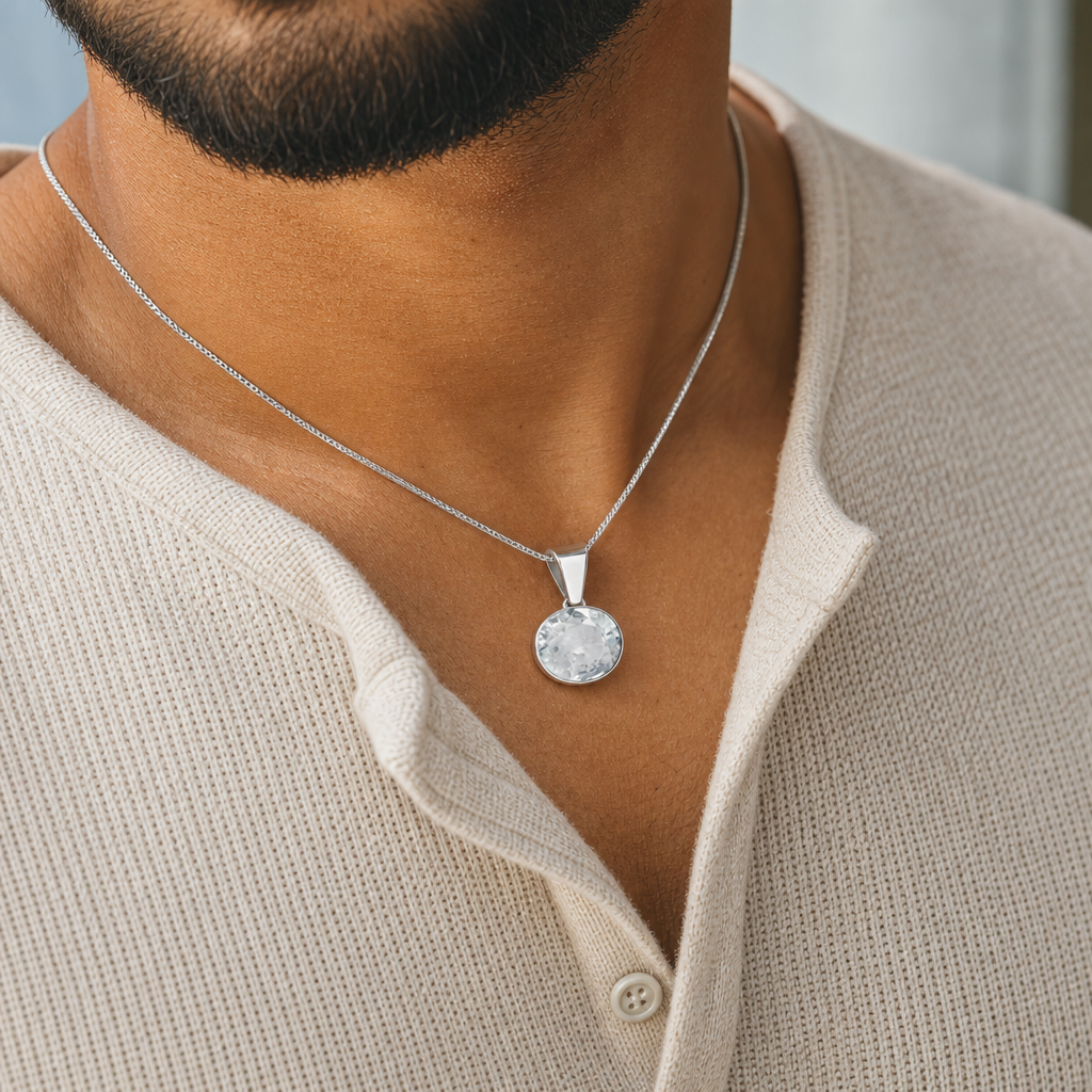 Natural Zircon man wearing gemstone pendant