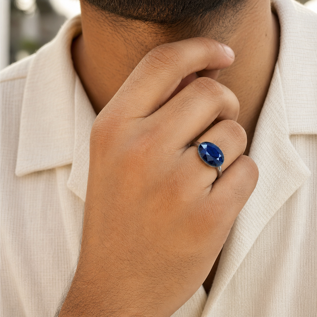 Neelam man wearing gemstone ring