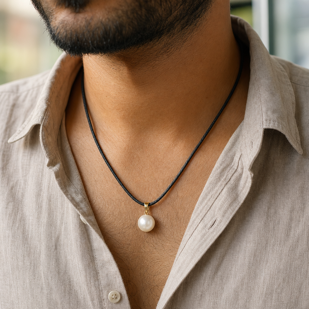 Pearl man wearing gemstone pendant