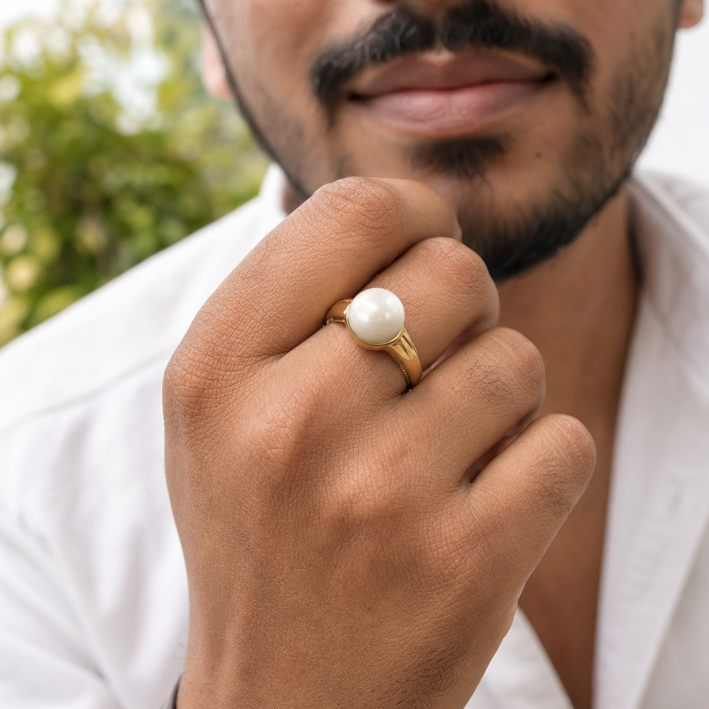 Pearl man wearing gemstone ring